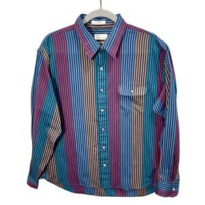 Vintage 1990s Men's Long Sleeve Button-Up Shirt Colorful Striped Casual Size XL